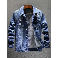 Men Long Sleeves Denim Jacket Solid Color Turn-down Collar Single Breasted Wide-waisted Male Coat