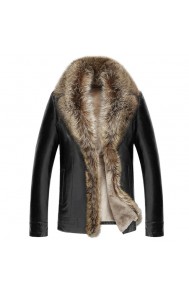 Mens Clothing Winter Coat Raccoon Sheep Leather Long Sleeve Button Casual Slim Fit Casacas De Cuero Coat Office Business Jacket