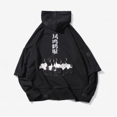 Men's Loose Cranes Printing Hoodie Autumn and Winter Hoodie