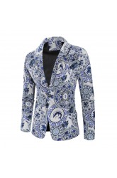  Autumn And Winter Men's One-buckle Suit Blue And White Porcelain Print Suit Casual Loose Suit Male