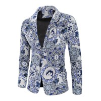  Autumn And Winter Men's One-buckle Suit Blue And White Porcelain Print Suit Casual Loose Suit Male