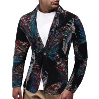  Casual Suit Men's Feathers Print A Buckle Slim Suit Casual Cotton And Linen