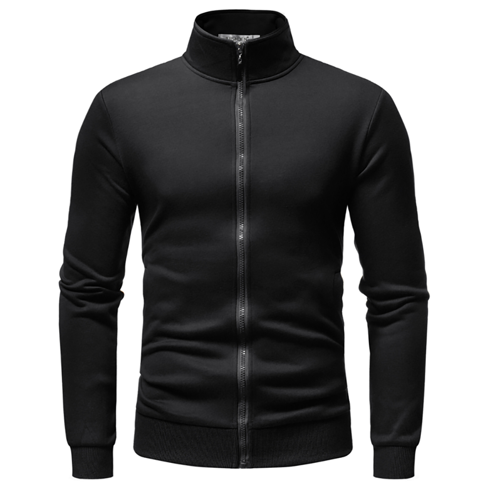 Men's Solid Color Long Sleeve Stand Collar Sweatshirt- Black L