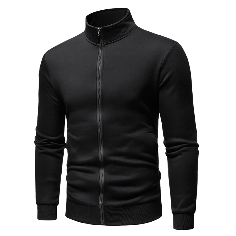 Men's Solid Color Long Sleeve Stand Collar Sweatshirt- Black L