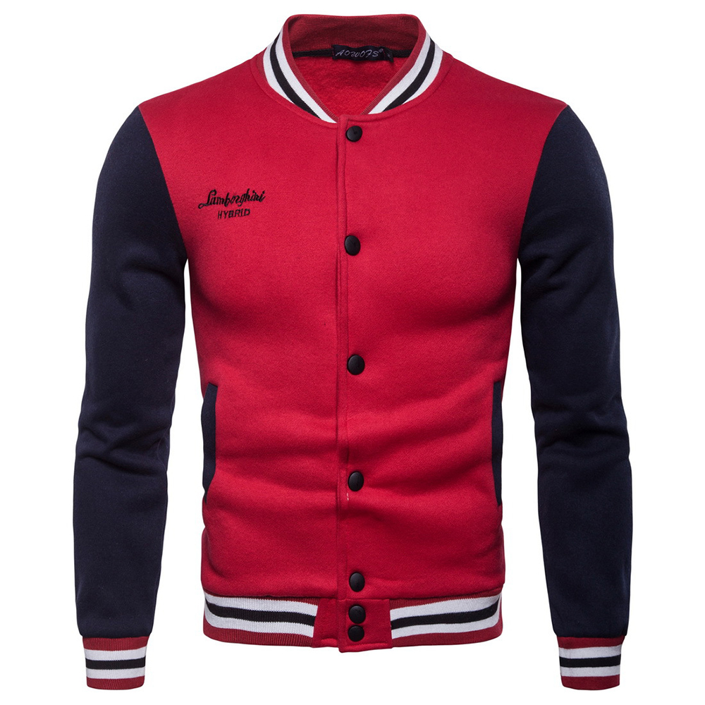 Men's Casual Striped Stand Collar Baseball Uniform Sweater Coat- Red M