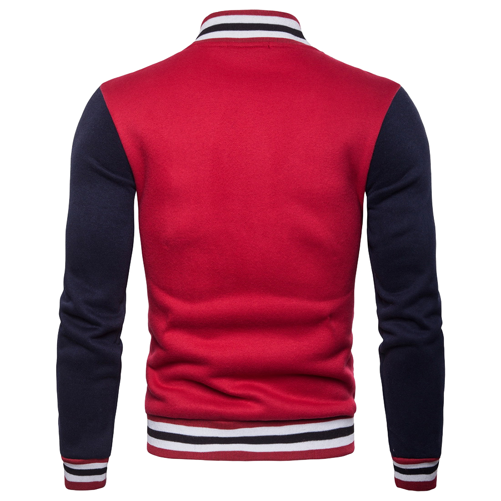 Men's Casual Striped Stand Collar Baseball Uniform Sweater Coat- Red M