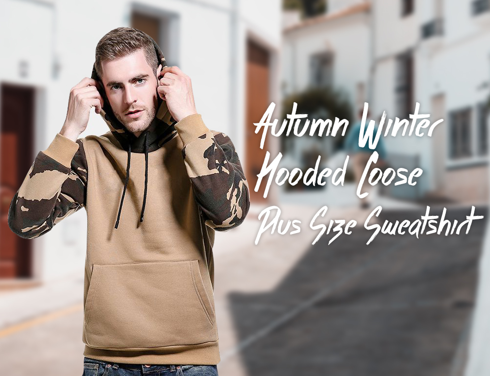 Camouflage Color Block Sweatshirt Men Autumn Winter Hooded Loose Plus Size Sweatshirt - Khaki M