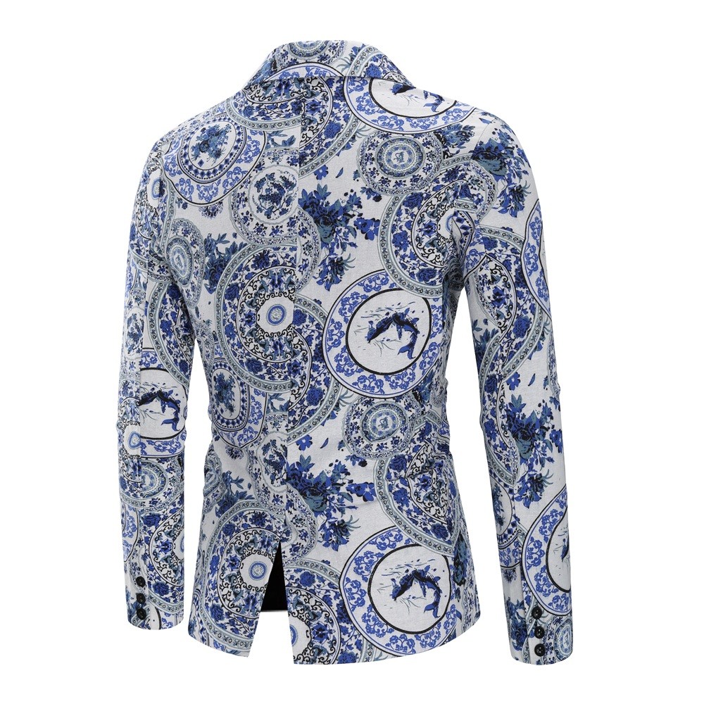  Autumn And Winter Men's One-buckle Suit Blue And White Porcelain Print Suit Casual Loose Suit Male - X11 M