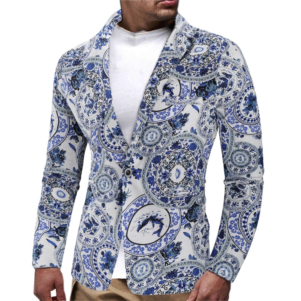  Autumn And Winter Men's One-buckle Suit Blue And White Porcelain Print Suit Casual Loose Suit Male - X11 M